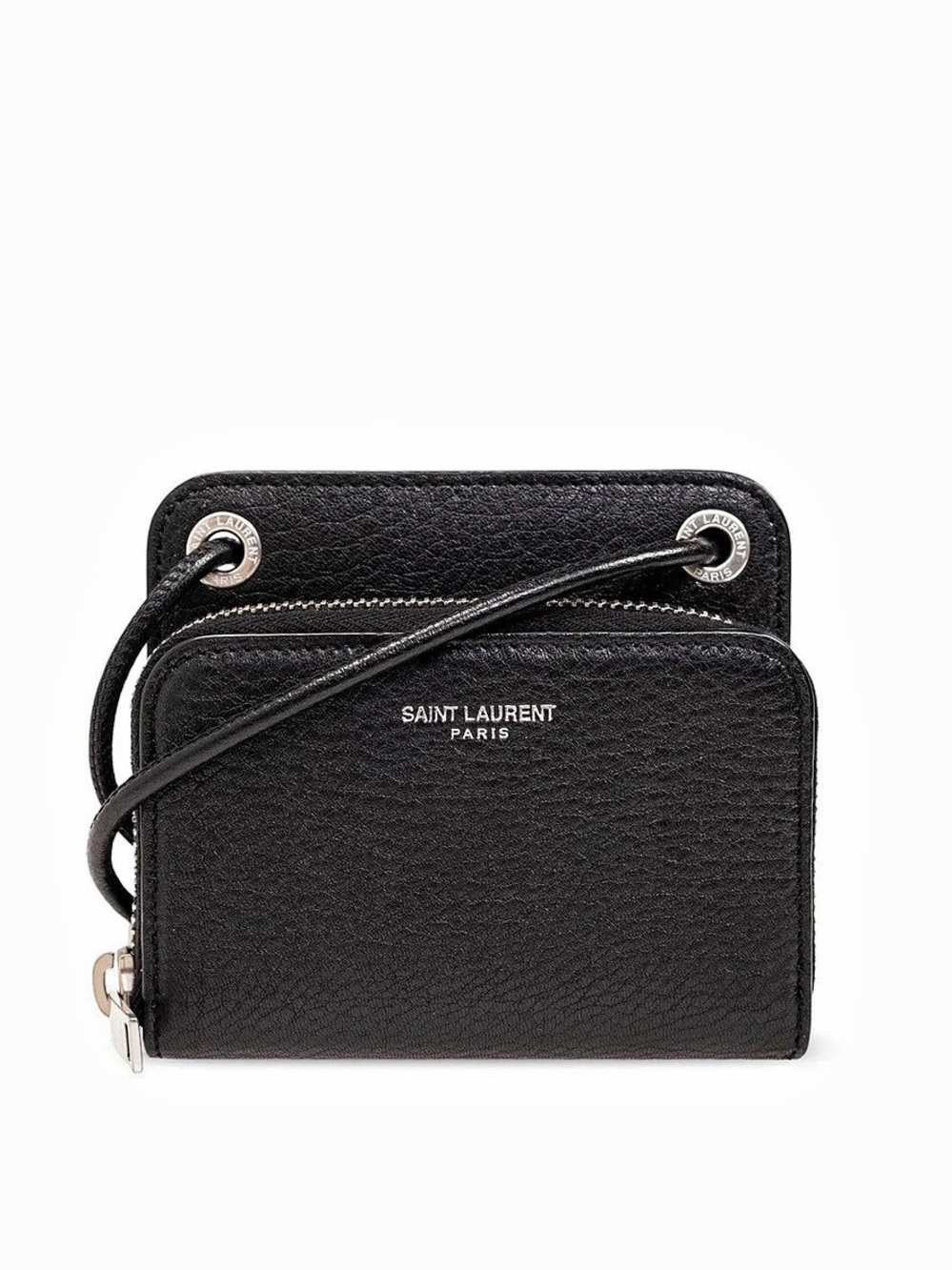 Saint Laurent Paris Lanyard Wallet in Grained Leather Black